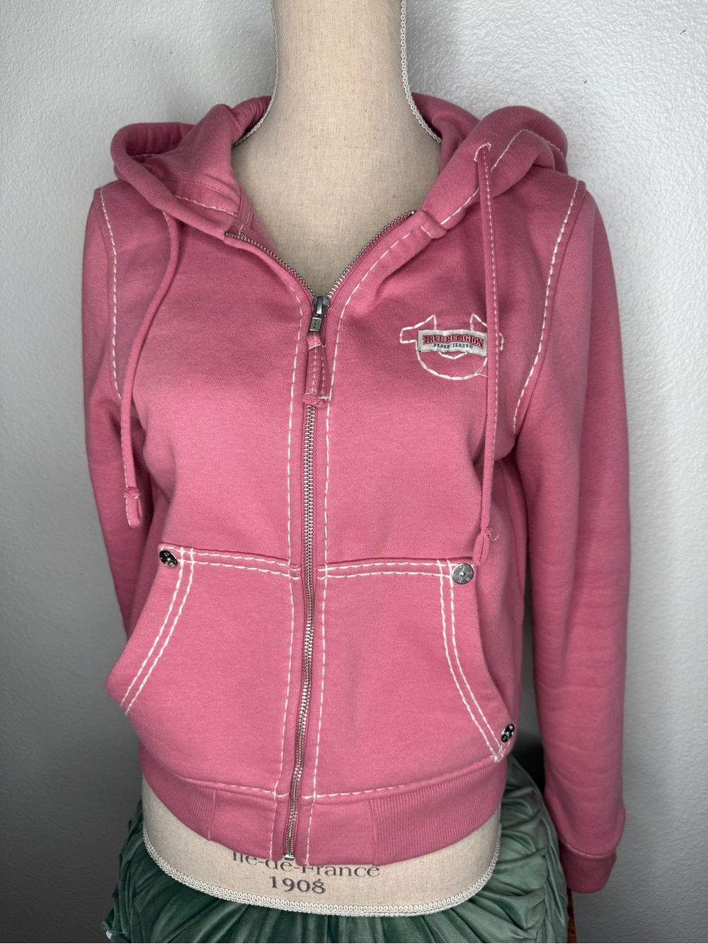 True Religion Pink Hooded Zip-Up Jacket with White Stitching